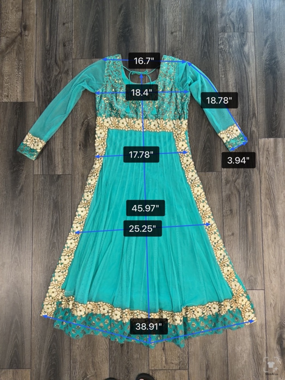Turquoise Gold Anarkali Maxi Dress Indian Wedding Guest Bollywood Gown Medium - Picture 15 of 16